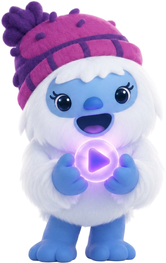 The Snö yeti holding a glowing play button